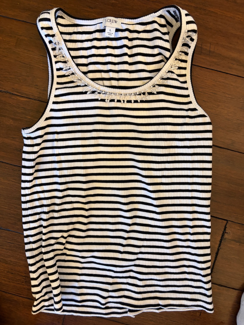 J. Crew Women’s Navy and White Striped Ribbed Tank with Beaded Trim Size L